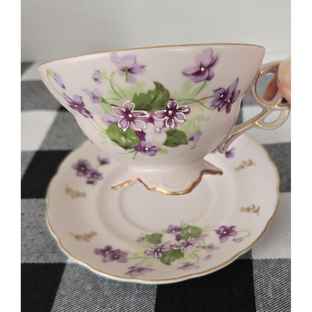 Teacup & Saucer‎ Fancy Violets Gold Trim Unique Open Loop Handle Footed Base